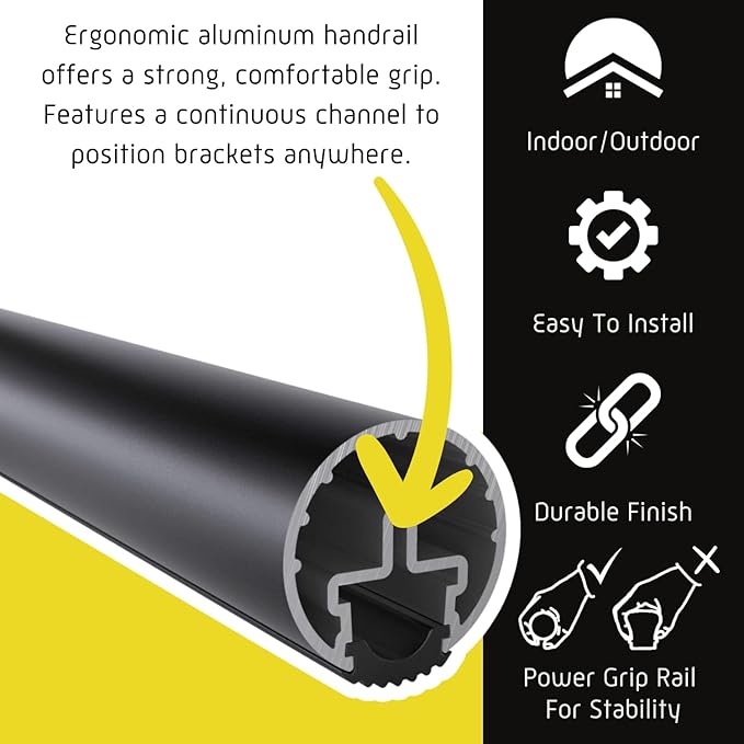 Promenaid 6ft ADA Handrail Kit - Satin Black - Complete Indoor/Outdoor Handrail for Stairs - 1.6" Round Anodized Aluminum Railing with 4 Satin Black Painted Pivoting Brackets & ADA Wall Returns