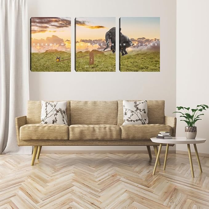 Motivational Canvas Wall Art Inspirational Quotes Poster Modern 3 Pieces Entrepreneur Office Wall Decoration Elephant Painting Decor for Bedroom Stretched and Framed Ready to Hang(72''Wx36''H)