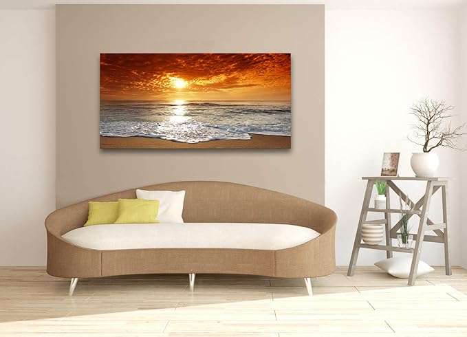 Muolunna S04662 Canvas Prints Wall Art Sunset Ocean Beach Pictures Photo Paintings for Living Room Bedroom Home Decorations Stretched and Framed Ready to Hang Seascape Waves Artwork 24x48inch