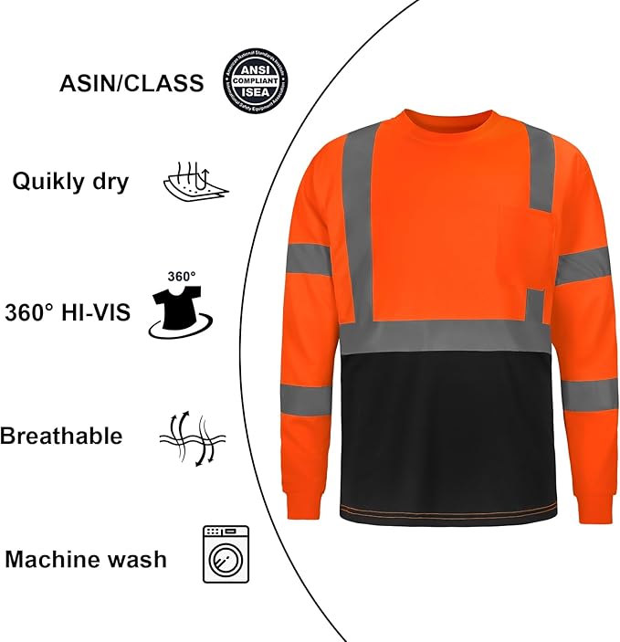 High Visibility Class 3 T Shirts，Hi Vis Safety Shirts with Reflective Strips and Pocket, Long Sleeve Quick Dry Mesh Construction Work Shirt for Men/Women Black Bottom Orange,6XL