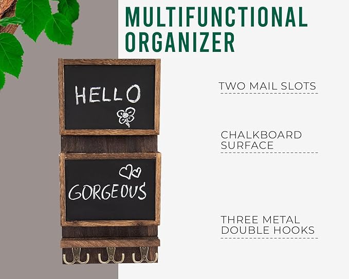 Comfify Rustic 2-Slot Mail Sorter Organizer for Wall with Chalkboard Surface & 3 Double Key Hooks - Wooden Wall Mount Mail Holder Organizer – Entryway Made of Paulownia Wood - Torched Brown
