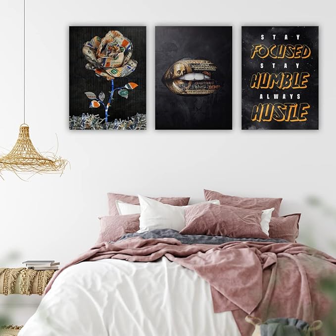 Motivational Canvas Painting Wall Art Flower Landscape Hustle Grind Inspirational Wall Art 3 Pieces Canvas Prints Framed Entrepreneur Poster Positive Quotes Wall Poster for Home Office Wall Decor