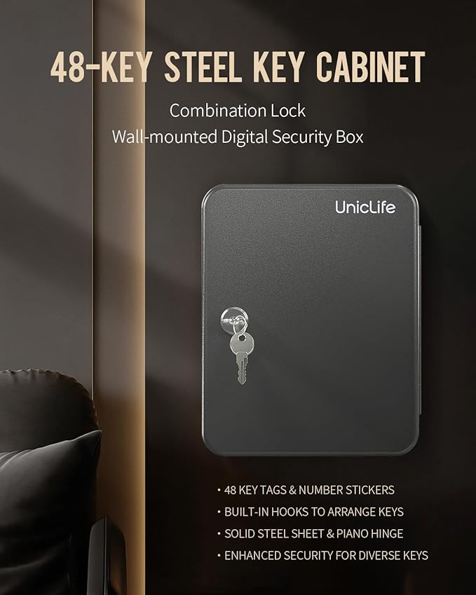 Uniclife 48-Key Steel Key Cabinet with 2 Unlocking Keys Wall Mounted Key Organizer Black Frosted Security Box with Hooks and Key Tag Labels Identifiers in 9 Assorted Colors