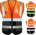YOWESHOP High Visibility Safety Vest Custom Your Logo Protective Workwear 5 Pockets With Reflective Strips Outdoor Work Vest (L, Orange Black Luminous)