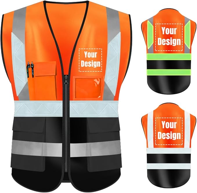 YOWESHOP High Visibility Safety Vest Custom Your Logo Protective Workwear 5 Pockets With Reflective Strips Outdoor Work Vest (L, Orange Black Luminous)