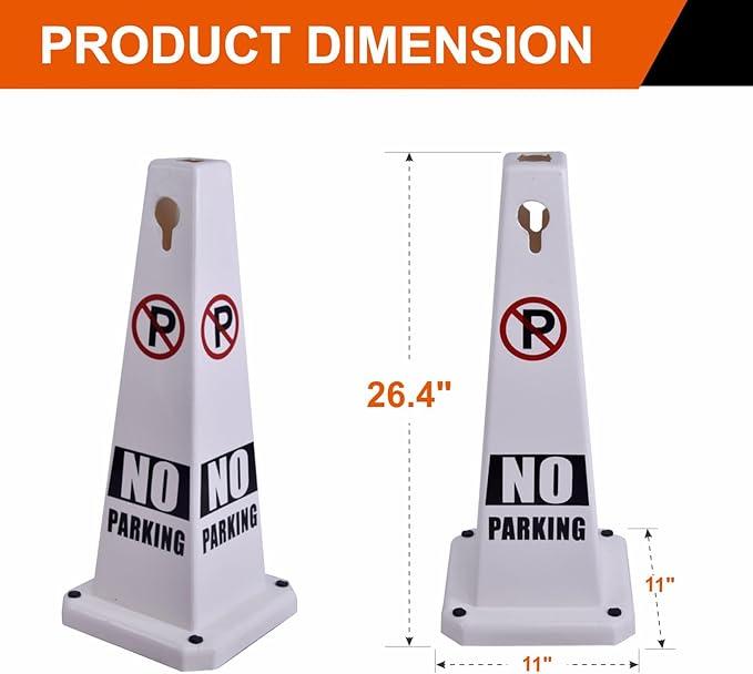 26.5" Caution Cones, 4-Sided Visible Safety Signs with Heavy Rubber Base, Warning for Slip & Fall Prevention, Indoor/Outdoor Use (8, No Parking-White, 26.5 inch)