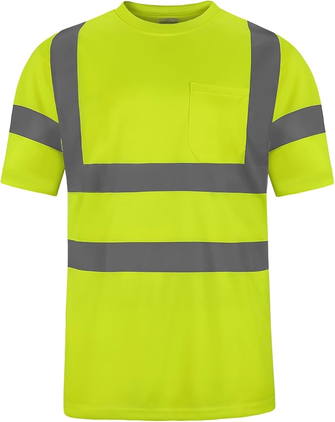 High Visibility Class 3 T Shirts，Hi Vis Safety Shirts with Reflective Strips and Pocket, Short Sleeve Quick Dry Mesh Construction Work Shirt for Men/Women Lime,6XL