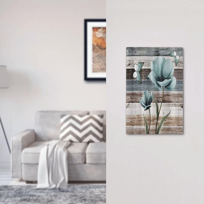 Rustic Vintage Teal Floral Barn Wood 1 Gang No Device Light Switch Cover Decorative Single Blank Electrical Wall Plate Turquoise Flower Butterfly Switchplate Faceplate for Farm Bathroom Decor