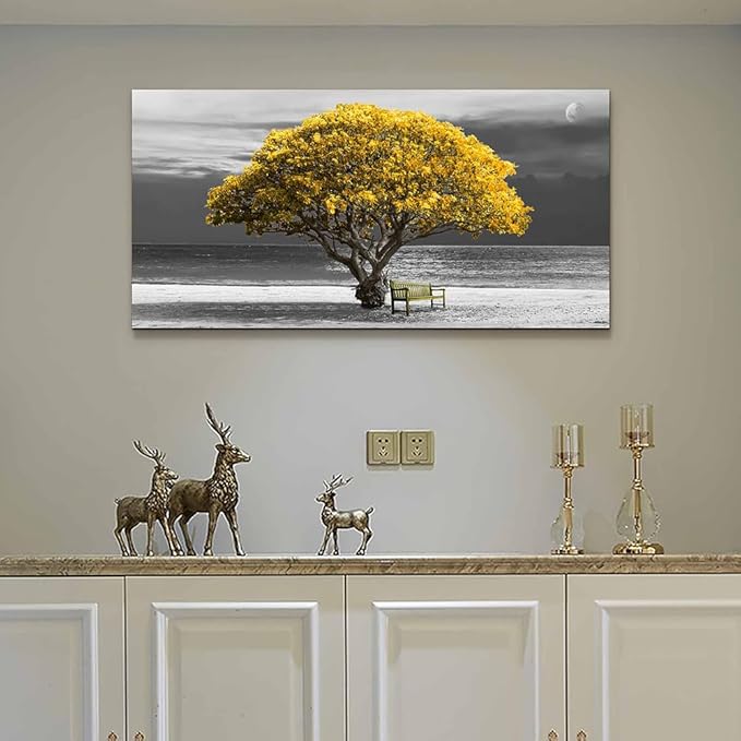 Wall Art For Living Room Decorations Photo Prints - Panoramic Black And White With Yellow Trees The Moon Scenery - Modern Home Decor The Room Stretched And Framed Ready To Hang Artwork 24x48inches