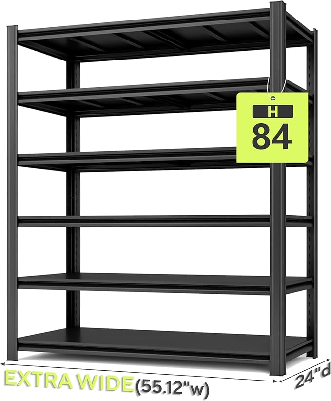 Extra Big/Large 55.12"Wide Father&I Industrial 6-Heavy-Dudy-Shelf-Rack Tall Metal/Steel Adjustable Garage Bin Storage Shelving Stand Shelves Units/System for Shed, 84" H*55.12W * 24" D, Black