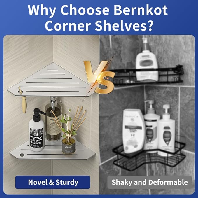 Corner Shower Shelves, Pentagonal Grout in Shelf w/Razor Holding Hole, 304 Stainless Steel Bathroom Shelf (Brushed)