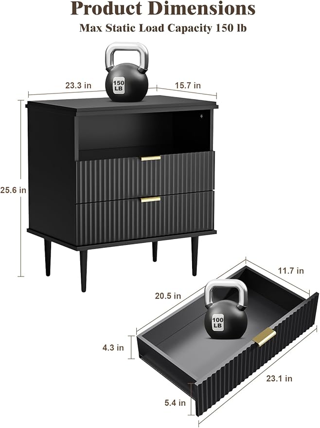 Nightstand with Charging Station, Wide Fluted Nightstand, Wood for Bedroom, Black Dresser with Storage Drawers, Bedside Table with Metal Handle & Leg (Black Set of 2, 23.3)