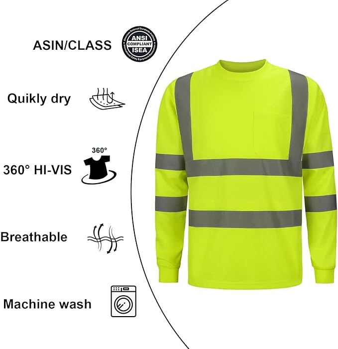 High Visibility Class 3 T Shits, Hi vis Safety Shirts with Reflective Strips and Pocket, Long Sleeve Quick Dry Mesh Construction Work Shirt for Men/Women Lime.XL