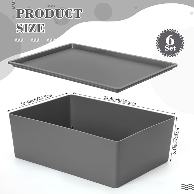 Menkxi 6 Pcs Plastic Storage Bins with Lids Stackable Storage Containers Durable Box Baskets for Organizing Shelves Playroom Classroom Office (Large,Grey)