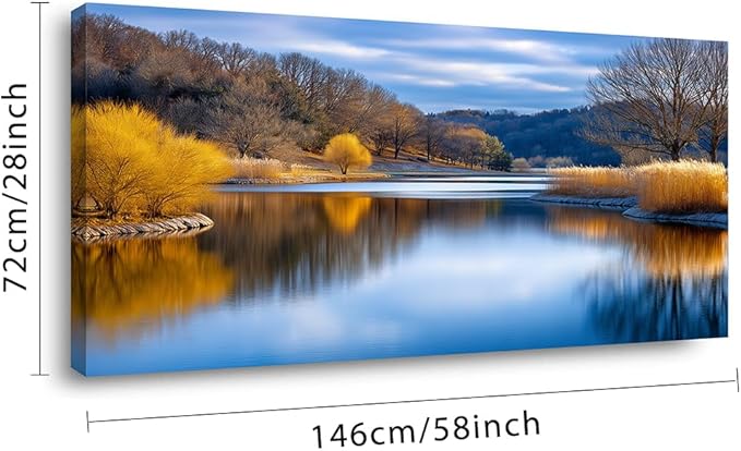 Beautiful Yellow Forest Park Wall Art for Living Room Office Calm Lake Blue Painting Prints Nature Autumn Canvas Artwork Over The Couch Bedroom Decor Extra Large