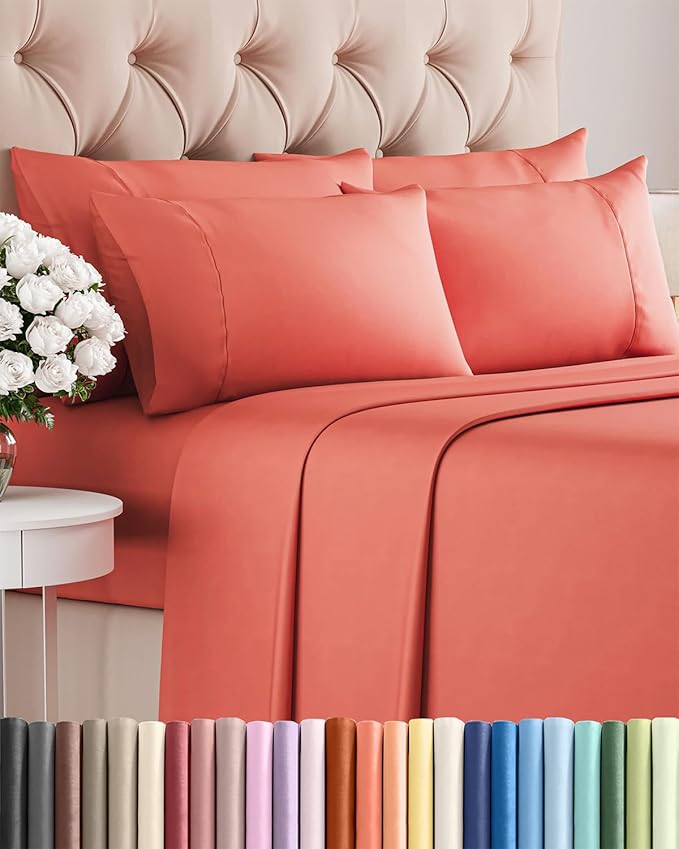 Queen 6 Piece Sheet Set - Cooling & Breathable Bed Sheets - Hotel Luxury Bed Sheets for Women, Men, Kids & Teens - Comfy Bedding w/Deep Pockets & Easy Fit - Soft & Wrinkle Free - Queen Coral Sheets