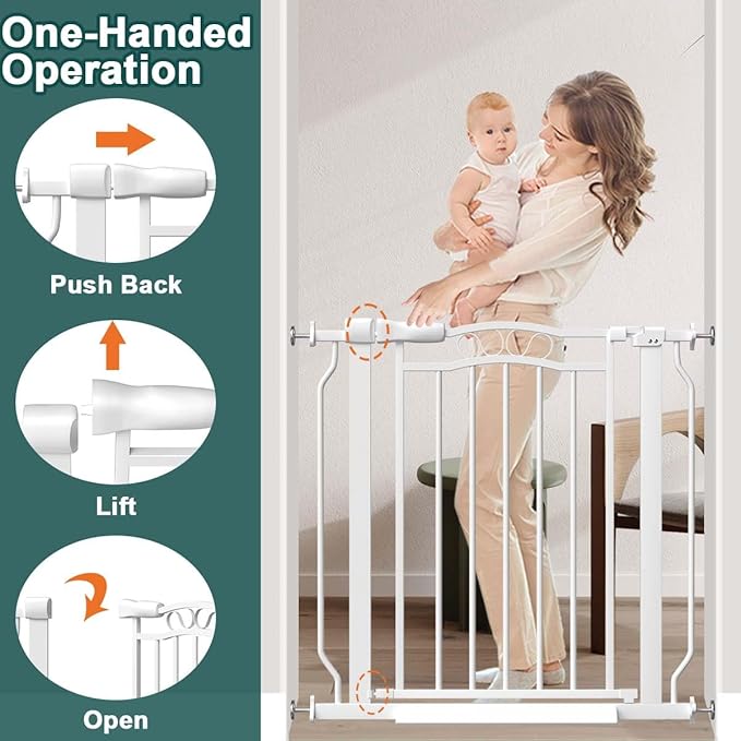 Fairy Baby 71.7"-81.1" Extra Wide Baby Gate with Door, Long Dog Gate for The House Doorway Stairs, Pressure Mounted Safety Gate for Child Kid, Auto Close Metal Pet Barrier with Arch Design, White