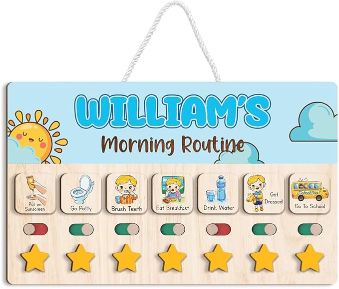 Wooden Chore Chart for Boys, Daily Routine Chart for Kids, Visual Schedule, Chore Reward Chart, Bedtime Morning Routine Chart for Toddlers (03)