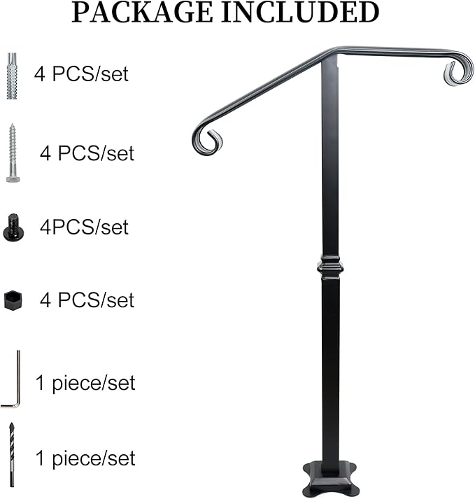 Handrail Railing, Single Post Handrail, Stair Railing for Concrete,Sturdy Handrails with Base, Mountable Iron Stair Handrail for 1 or 2 Steps, Grab Rail for Steps Porch, Railings for Outdoor Step