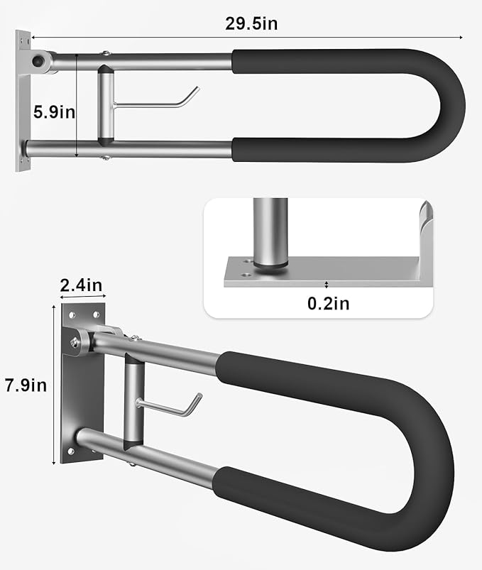 Foldable Toilet Safety Grab Bar, Aluminum Alloy Wall Mounted Handicap Support Rail for Elderly, Disabled, or Recovery Use, Bathroom Handicap Bars for Toilet or Shower