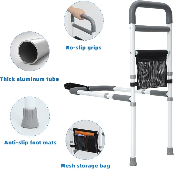 Bed Rails for Elderly Adults Safety - Adjustable Bed Assist Rail for Seniors Fall Prevention with Support Leg, Bedside Grab Bar Cane with Storage Pocket, Fits King, Queen, Full, Twin Bed