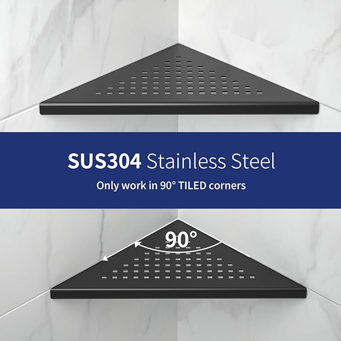 8'' Corner Shower Shelf 2 Pack, 304 Stainless Steel Grout in Bathroom Shelves, Recessed Shelf Rack for Tiled Wall, No Drilling Needed (8'', Black)