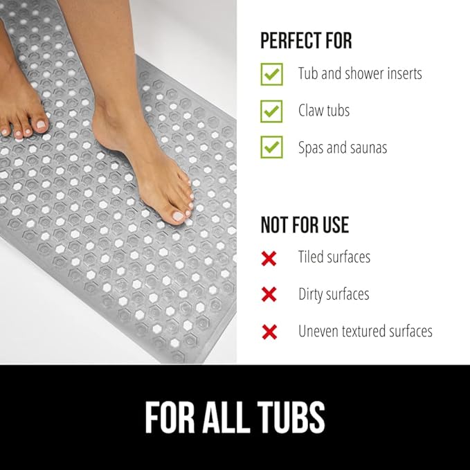 GORILLA GRIP Patented Bath Tub Shower Mat, Machine Washable Bathtub Floor Liner Mats, Suction Cups and Drain Holes to Keep Tubs Clean, Soft on Feet, Bathroom Essentials, 35x16 Inch, Clear Gray