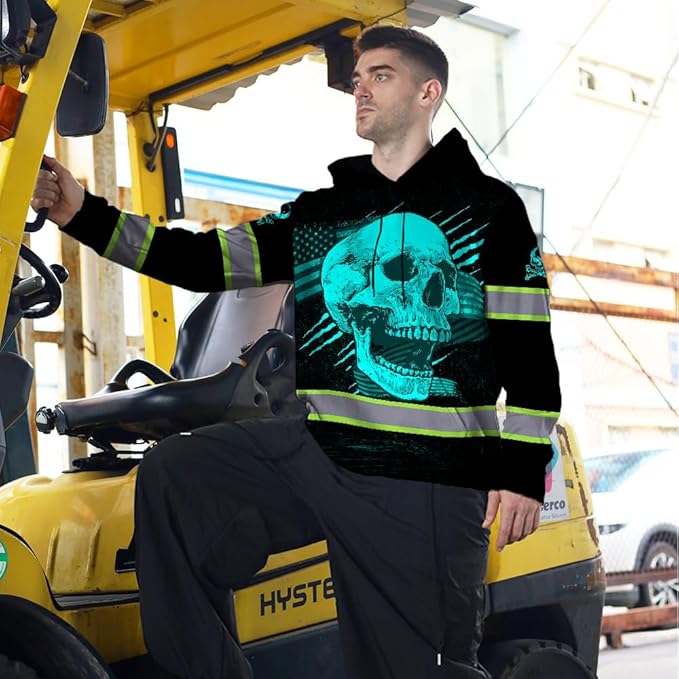 Matedecor Skull US Flag Reflective High Visibility Hoodie For Men Construction Hi Vis Safety Workwear Custom Name