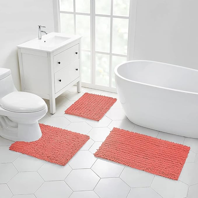 Walensee Bathroom Rug 2 Pieces Set Non Slip Bath Mat (20"x32" Plus 20"x24" U Living Coral) Water Absorbent Super Soft Shaggy Chenille Machine Washable Dry Extra Thick Perfect Carpet for Shower Floor