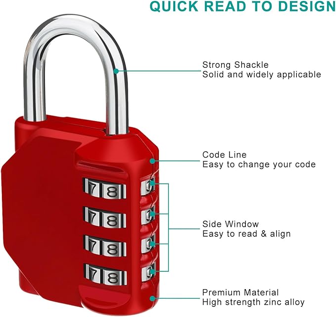 ZHEGE Combination Padlocks, 4 Digit Number Code for Gym, School, Locker Lock, Employee Lock (Red, Pack of 2)
