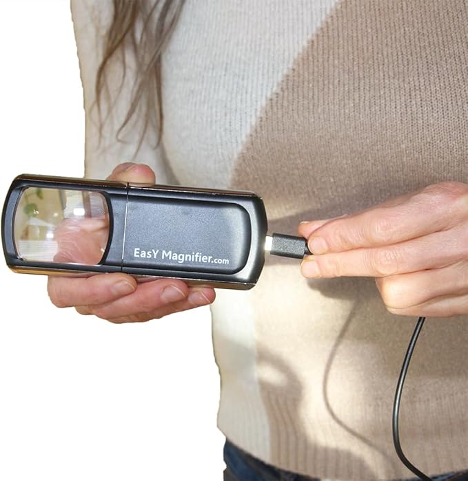 EasY Magnifier Small Rechargeable Magnifying Glass with LED Light 3.0X, Lighted Handheld Magnify Glasses for Reading Fine Prints & for Close Work; Gift for Elderly & Seniors with Low Vision