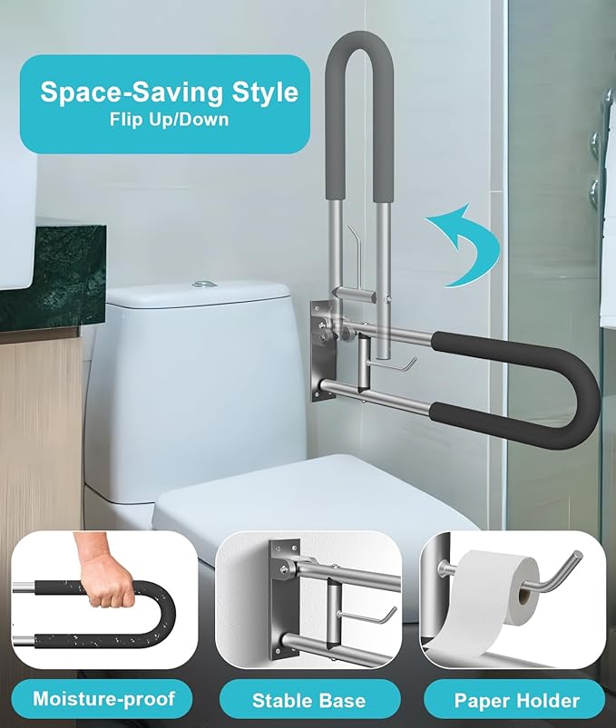 Foldable Toilet Safety Grab Bar, Aluminum Alloy Wall Mounted Handicap Support Rail for Elderly, Disabled, or Recovery Use, Bathroom Handicap Bars for Toilet or Shower