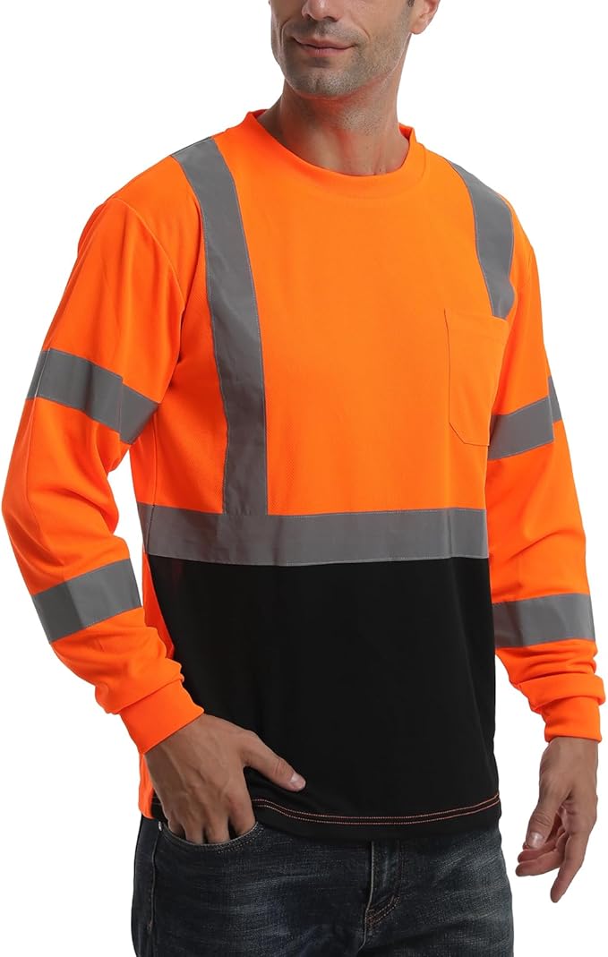 High Visibility Class 3 T Shirts，Hi Vis Safety Shirts with Reflective Strips and Pocket, Long Sleeve Quick Dry Mesh Construction Work Shirt for Men/Women Black Bottom Orange,Small
