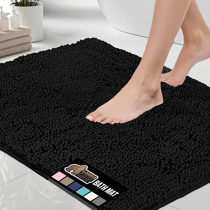 GORILLA GRIP Bath Rug Mat 60x17, Thick Soft Absorbent Chenille, Quick Dry Microfiber Mats, Rubber Backing Washable Shower Floor Rugs, Bathmat Runner, US Designed Bathroom Home Decor Accessories Black