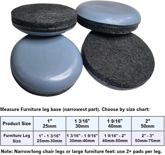 No Lost Pads! Chair Leg Glides (Felt Base) for Thick, Thin & Plush Rugs – Easy Glide, No Wrinkles, Chair Feet, Not Adhesive Backing | 25mm (1") Round, 24 Pcs
