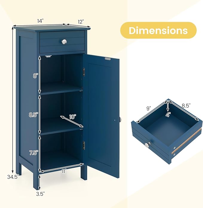 GLACER Bathroom Floor Cabinet, Multifunctional Storage Cabinet with 2 Adjustable Shelves, Space-Saving Storage Organizer, Ideal for Bathroom, Living Room, Kitchen (Blue)