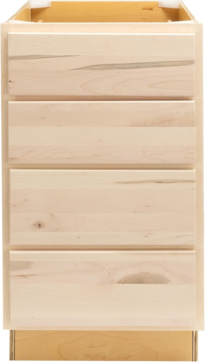 Quicklock RTA (Ready-to-Assemble) | Base Kitchen Cabinets - Shaker Style | Made in America (Raw Maple, 18" Wx34.5 Hx24 D 4 Drawer)