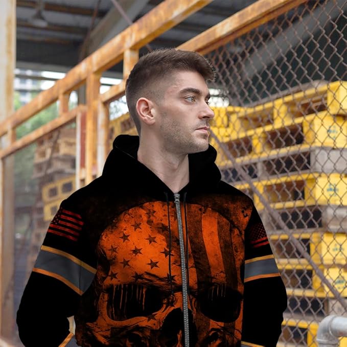 Maddly Hi Vis Reflective Zip Up Hoodie, High Visibility Safety Jacket with Skull Design for runner, worker, trucker, cyclist