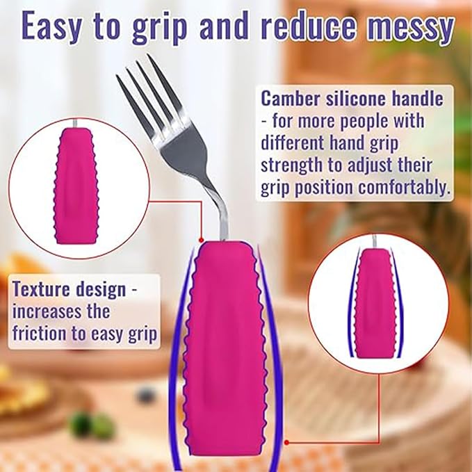 Adaptive Utensils,Weighted Angled Silverware,Parkinsons Aids,Curved Non-Slip Easy Grip Spoon and Fork Set for Tremors,Disabled,Handicap,Elderly,Arthritis (Right Hand,Pack of 2,Rose Pink)