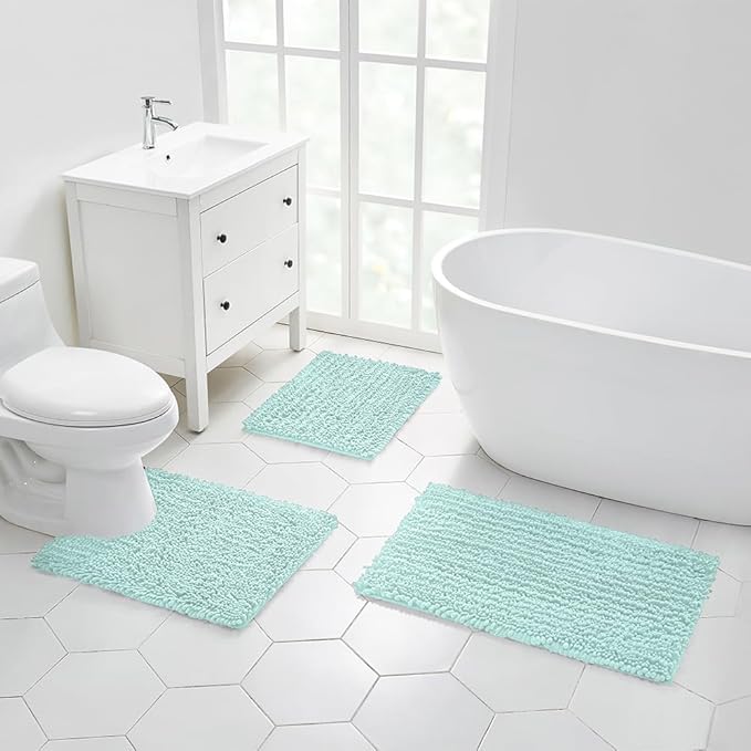 Walensee Bathroom Rug Non Slip Bath Mat (32x20 Inch Spa Blue) Water Absorbent Super Soft Shaggy Chenille Machine Washable Dry Extra Thick Perfect Absorbant Best Large Plush Carpet for Shower Floor