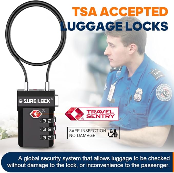 SURE LOCK TSA Approved 3-Digit Combination Luggage Locks – Open Alert Indicator, Re-settable Code with Zinc Alloy Body, Easy-Read Dials for Suitcase, Backpack, Gym Locker & Toolbox (Multiple Colors)