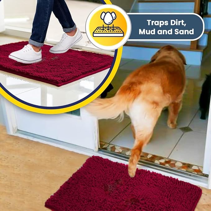 Muddy Mat® | Super Absorbent Door Mat Indoor, Microfiber Quick Dry Chenille Entryway Rug, Non-Slip Front Door Mat, Indoor Mats for Entryway, Machine Washable Pet Rug, Maroon 19"x30"
