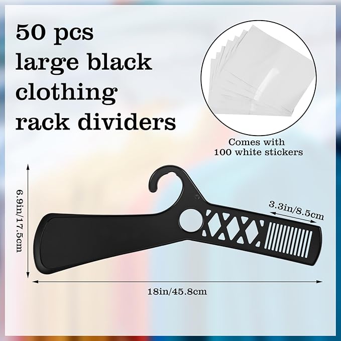 50 Pcs Large Closet Dividers and 100 Pcs White Blank Cards 18 Inch Clothing Rack Size Dividers for Hanging Clothes, Black Garment Rack Tag for Clothes Organization