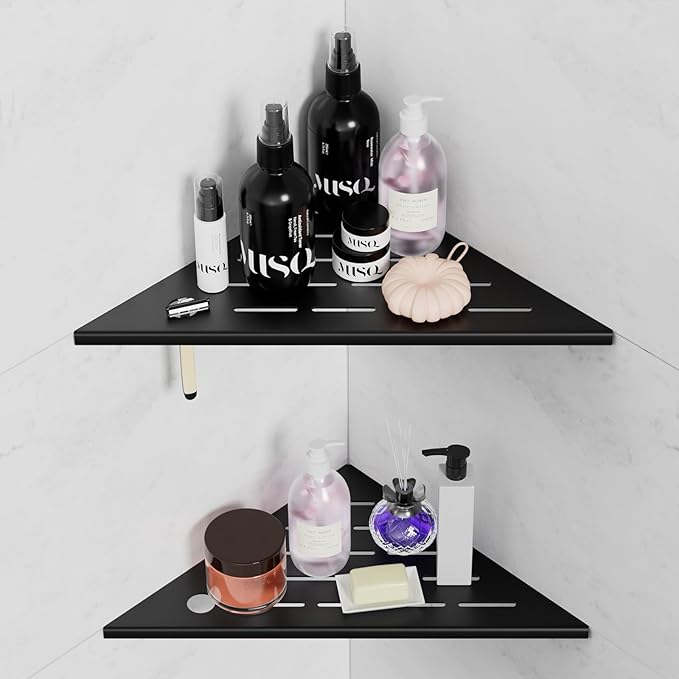 10" Corner Shower Shelves, 2-Pack Matte Black 304 Stainless Steel Shower Shelf with Razor Hole, Rustproof Shower Shelf for Inside Shower, Modern Shelves for Tile Walls, Bathroom Organizer (Black)