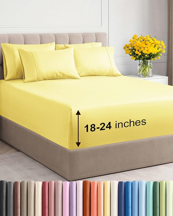 Extra Deep Cal King Sheet Set - 6 Piece Breathable & Cooling Sheets - Hotel Luxury Bed Sheets Set - Easy & Secure Fit - Soft, Wrinkle Free & Comfy Sheets Set - Yellow Sheet Set with Extra Deep Pockets