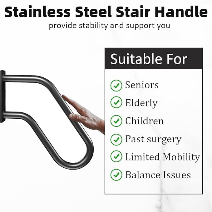 Handrails Wall Mount Stair Safety Handle Non-Slip Step Metal U-Shape Grab Yard Mounted Garage Porch Garden Hand Railings Powder Coated Heavy Duty Indoor or Outdoor Safe Bars Black for 1 to 3 Steps