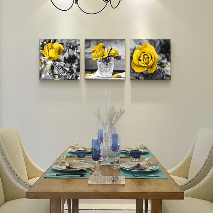 Canvas Wall Art - Bedroom, Kitchen, Living Room, Girls Room Decor - Black And White Wall Pictures - Yellow Rose Flowers - 3 Piece Set