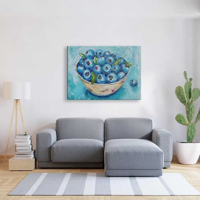 Elivita Fresh Blueberry Design 3 Horizontal Canvas Art Print Home Decor Pictures Poster for Bedroom Living Room Bathroom Office With Framed