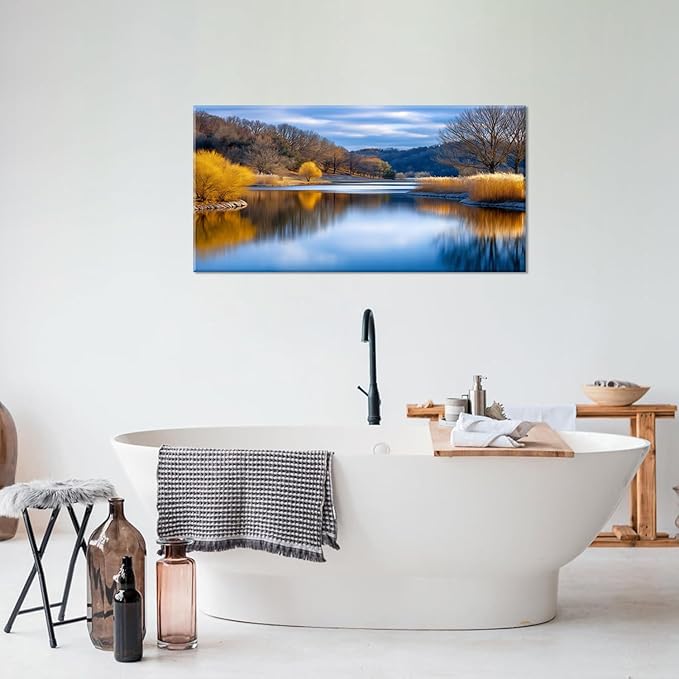 Beautiful Yellow Forest Park Wall Art for Living Room Office Calm Lake Blue Painting Prints Nature Autumn Canvas Artwork Over The Couch Bedroom Decor Large