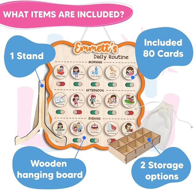 Personalized Wooden Chore Chart for Kids, Daily Routine Chart for Toddlers, Visual Schedule for Kids Age 3-5, Morning Bedtime Routine for Girls (06)